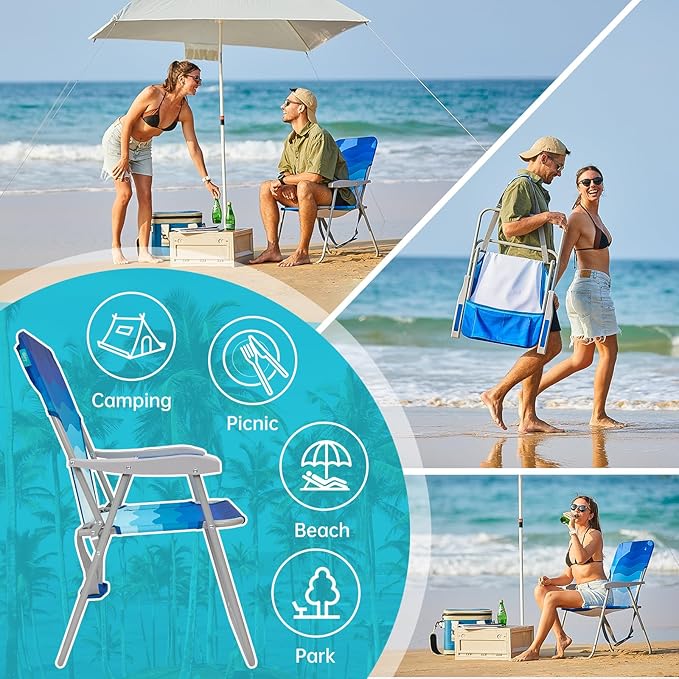 #WEJOY Folding Beach Chair for Adults, Lightweight Beach Chair with Shoulder Straps, High Back Beach Chairs with Hard Armrest, Supports 300lbs for Beach Lawn Concert