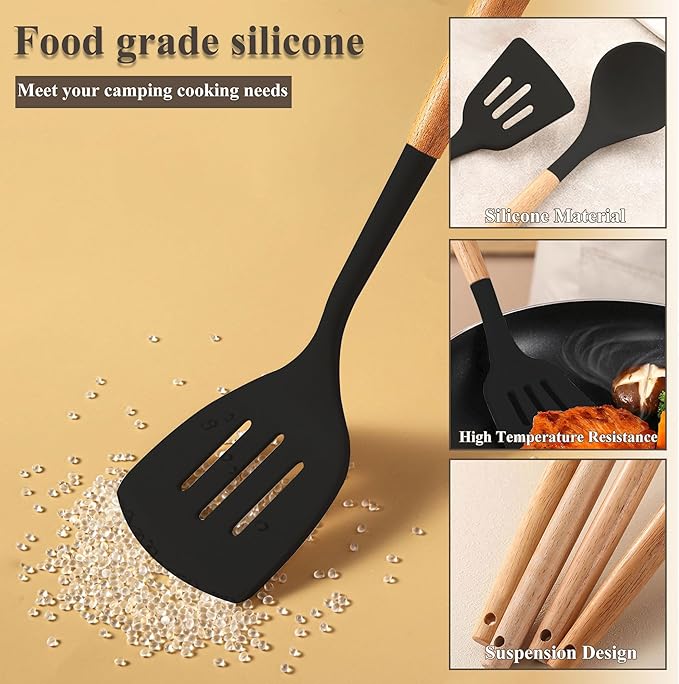 Camping Accessories Kitchen Cooking Utensils Set - Portable Outdoor Camp Cookware Set, Silicone Camper Essentials Gear Must Have Supplies for Travel RV BBQ Grill Picnic Hiking