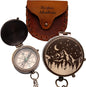 Antique Brass Compass with Leather Case - Mountains & Roads Engraved Pocket Compass for Men - Genuine Leather Pouch Stamped with 'For Your Adventures' - Vintage Gift for Husband, Father & Son
