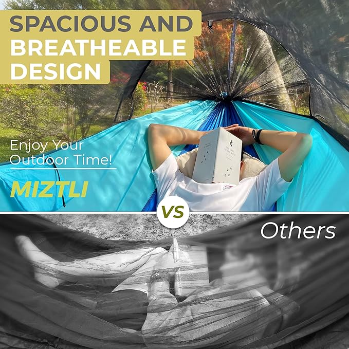 Miztli Camping Hammock -Portable Hammock w/Spacious Net & Tree Straps w/Adjutable Loops,Double and Single Hammock for Outdoor, Hiking, and Travel