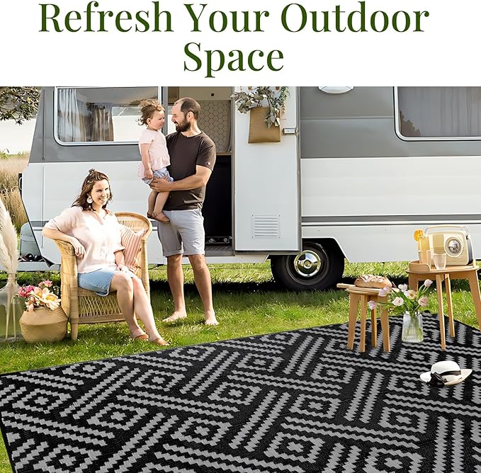 OPPODREAM Outdoor Rug 4x6 Ft, Waterproof Outdoor Plastic Straw Rug for Patio, Reversible Out Door Carpet for Camping, Deck, Rv, 4 x 6 Area Carpet for Balcony, Porch, Backyard, Black and Grey