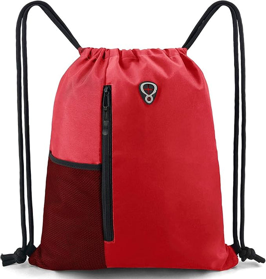 Drawstring Backpack Sports Gym Bag for Women Men Large Size With Two Zipper Pockets and Water Bottle Mesh Pockets