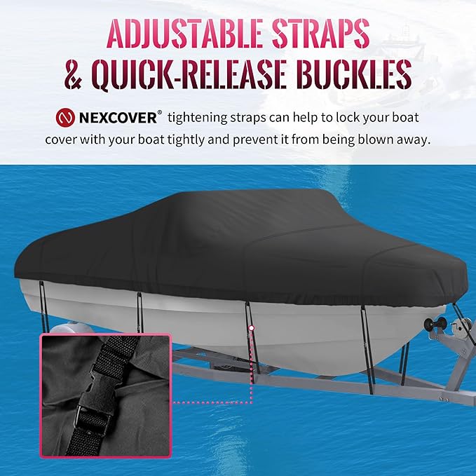 NEXCOVER Trailerable Boat Cover, Length: 20'-23' Beam Width: up to 100", Waterproof Heavy Duty Cover, Fits V-Hull, TRI-Hull, Runabout, Pro-Style, Bass Boat, Storage Bag & Tightening Straps Included.