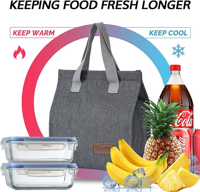 TELLUMO Lunch bag, Insulated Lunch Bag for Women Men Large Lunch Box Container Reusable Leakproof Tote for Office, Work, School, Beach or Travel (Grey)