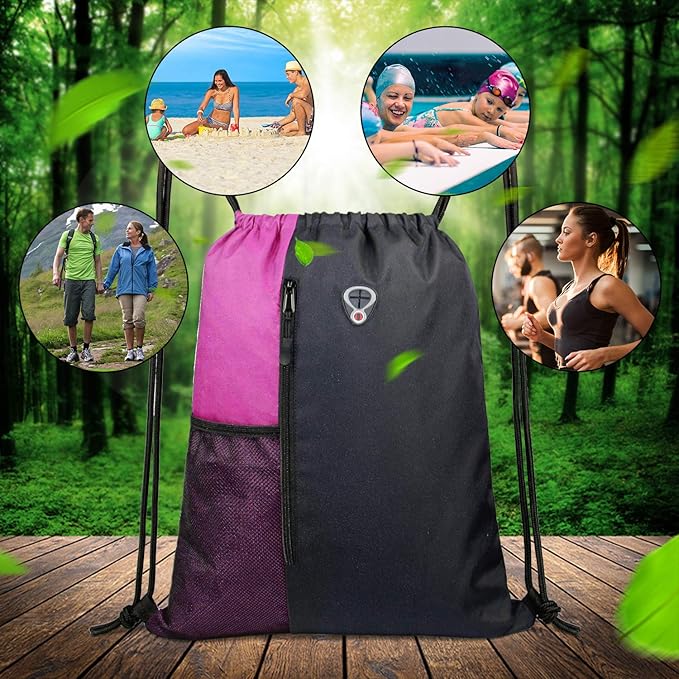 Drawstring Backpack Sports Gym Bag for Women Men Large Size With Two Zipper Pockets and Water Bottle Mesh Pockets
