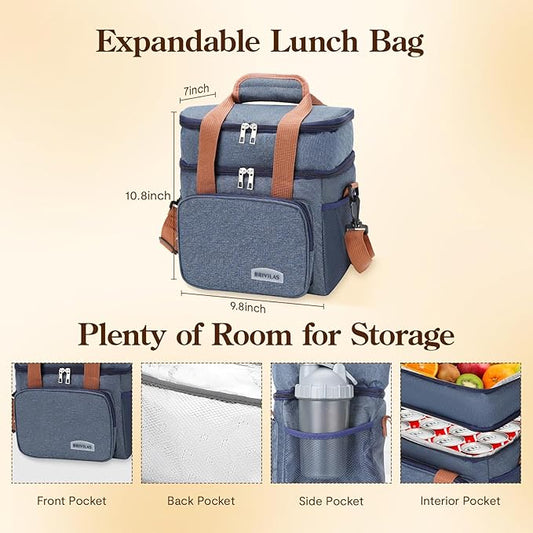 Double Insulated Lunch Bag for Women/Men, Thermal Lunchbox Leakproof Waterproof Cooler Bag with Adjustable Shoulder Strap for Adults, Lunch Bag for Work Office Camping Travel (12L, Navy Blue)