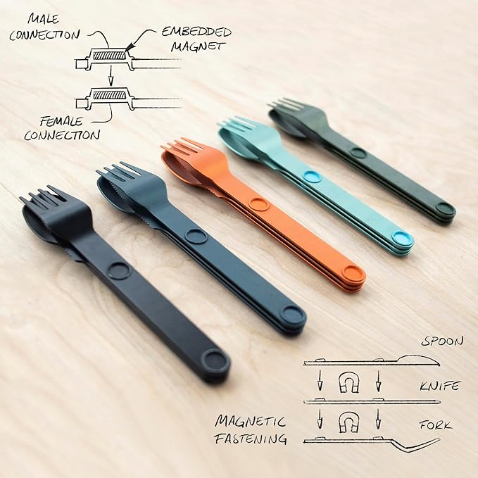 FULL WINDSOR - MAGWARE Magnetic Stainless Steel Kitchen Utensils Set - Travel Utensils for Camping, Cooking, and Outdoor Dining - Knife, Fork & Spoon - Compact Camping Cutlery - Multicolor (15 PCS)