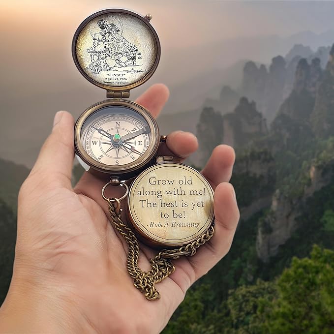 Grow Old Along with me Engraved Compass with Norman Rockwell Sunset Engraving, Valentine Gift, Birthday, Long Distance, Love, Sorry, Keepsakes, Old Memories