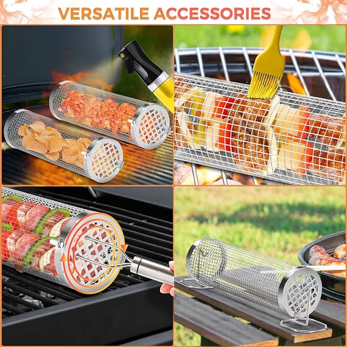 Rolling Grilling Basket, 2 PCS BBQ Grill Basket， Stainless Steel Grill Mesh with Grilling Accessories, Portable Outdoor Camping BBQ Grill Nets Cylinder for Fish, Shrimp, Vegetables, Meat