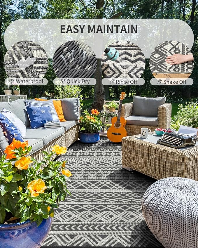 MontVoo Outdoor Rug Carpet Waterproof 9x18 Outdoor Patio Rug Mat Reverisble Plastic Straw Outdoor Rug for RV Camping Picnic Beach Balcony Boho Grey Large