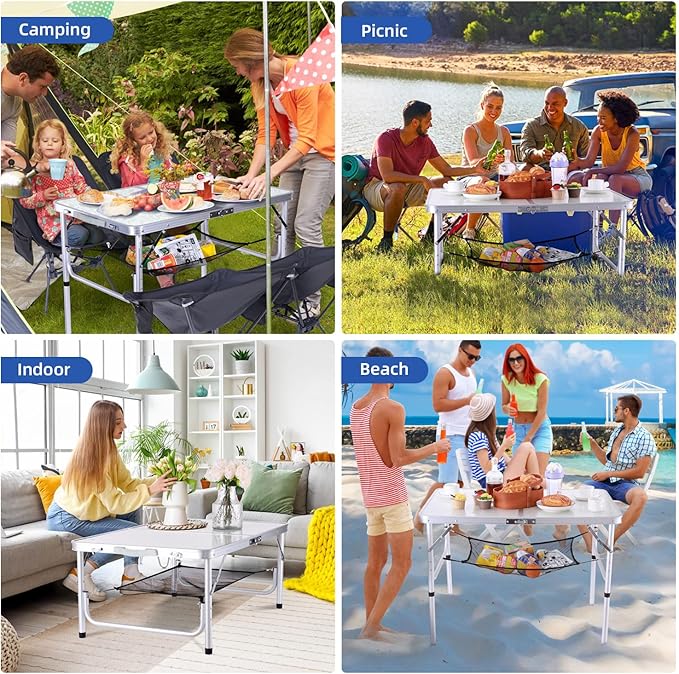 Sportneer Camping Table: Adjustable Height Small Folding Table 35.4" L x 23.6" W 2 Height with Mesh Layer - Compact & Portable Camping Essentials for Outdoor Camp Garden Picnic BBQ Dining Cooking