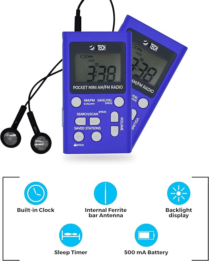 BTECH MPR-AF1 AM FM Personal Radio with Two Types of Stereo Headphones, Clock, Great Reception and Long Battery Life, Mini Pocket Walkman Radio with Headphones (Blue)