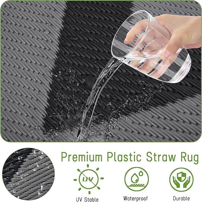 Easy-Going Reversible Outdoor Rugs 6x9ft Waterproof Plastic Straw Rug Stain & UV Resistant Floor Mat for Patio Porch RV Backyard Pool Deck Picnic Beach Trailer Camping (Waved Black & Grey)