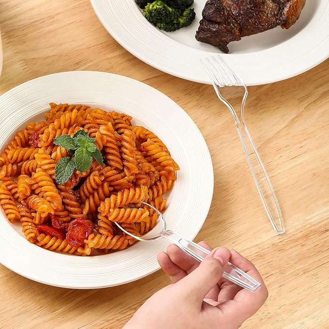 [400 Count] Clear Plastic Forks and Spoons Set Bulk - Heavy Duty Disposable Spoons and Forks Silverware, Plastic Utensils Cutlery Set for Party