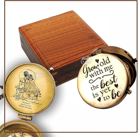 DB Grow Old Along with me Engraved Compass with Norman Rockwell Sunset Engraving, Anniversary Compass Gift for Him or Her Valentine Gift, Birthday, Long Distance, Love, Sorry
