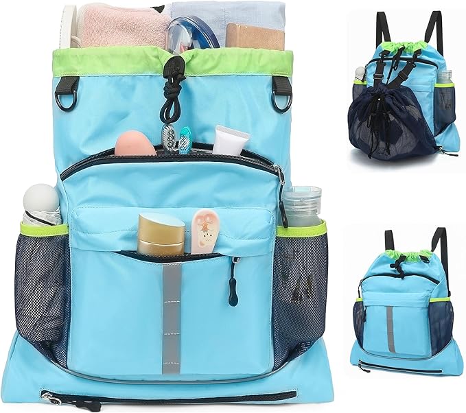 Drawstring Backpack, Waterproof Sandproof Beach Backpack for Sport Gear Small Gym Bag with Hidden Ball Net Pocket and Seperated Wet Pocket Draw String Back Bag for Women Men, Blue
