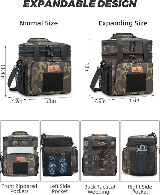 Expandable XLarge Tactical Lunch Box for Adults, Waterproof Insulated Lunch Bag with Lots of Storage Space, Durable Cooler Bag for Men Women Work Outdoor Picnic Trips, 22L(Black-Camo), HSHRISH