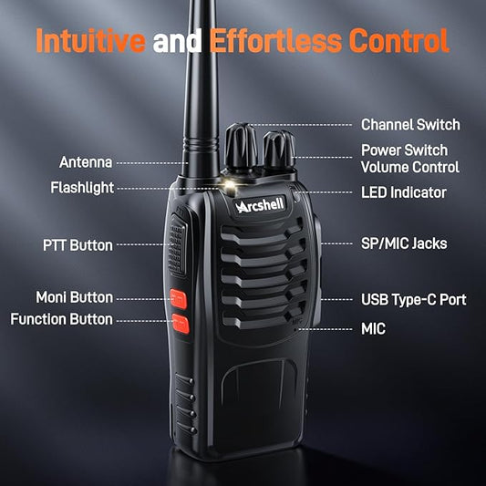 Rechargeable Long Range Two-way Radios with Earpiece 6 Pack Arcshell AR-5 Walkie Talkies Li-ion Battery and Charger included