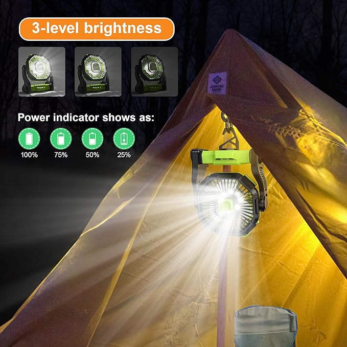 Battery Powered Fan -Camping Fan with Led Lantern, 12000mAh Portable Rechargeable, Battery Operated for Tent, Hook 4 Speed Quiet Personal for Desk, Travel, Fishing, Power Outage, Hurricane-Green