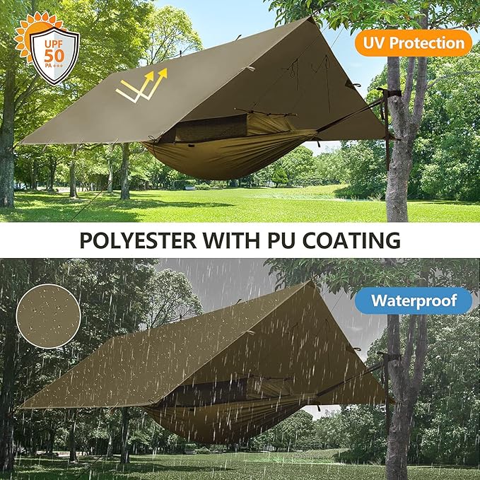 FREE SOLDIER Olive-Green 10x10.5ft Waterproof UV Protection Camping Tarp Shelter with Tent, Stakes, Ropes