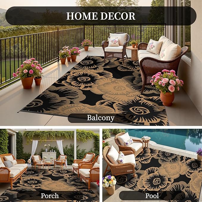 MontVoo Outdoor Rug-Waterproof Patio Rug Mat 6x9 Outdoor Carpet Mat Reversible Plastic Straw Outside Outdoor Rug for RV Camping Picnic Beach Balcony Backyard Pool Deck Farmhouse Floral Black Brown