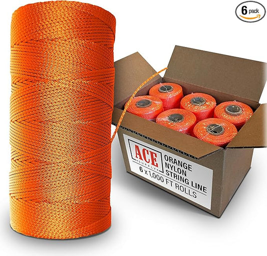 Orange Mason Line String Line - #18 Braided Nylon String - 6,000 Ft Length - Nylon Twine for Gardening Or Masonry Tools - Perfect Construction String for A String Level, Twine String for Gardening