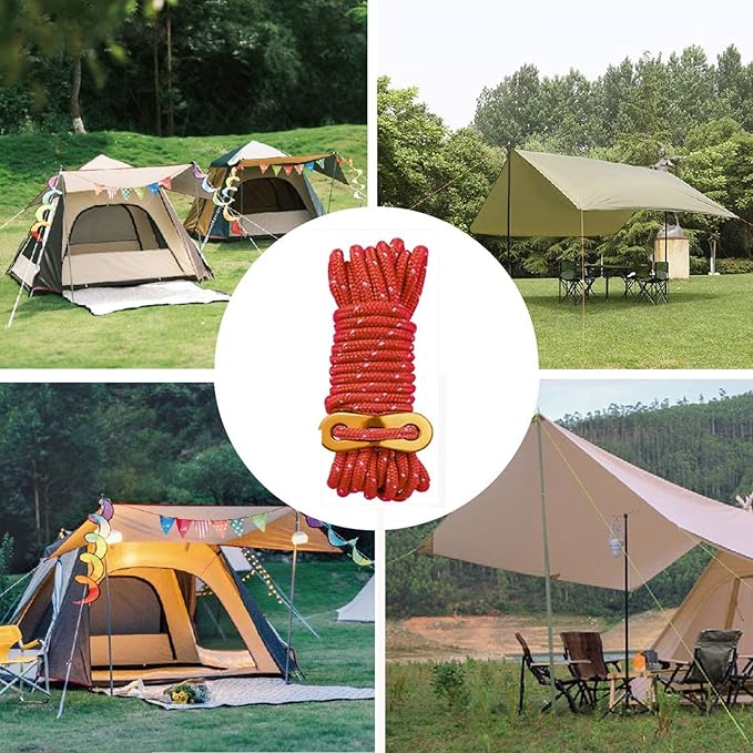 6 Pack 4mm Outdoor Guy Lines Tent Cords Reflective Canopy Wind Rope Lightweight Camping Rope with Aluminum Guylines Adjuster for Tent Tarp, Canopy Shelter, Camping, Hiking,red (Color)