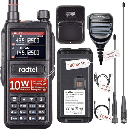 Radtel RT-470 10 Watt Tri-Band Radio 144-148/420-450/1.25M 256CH Air Band Walkie Talkie Long Range Handheld NOAA FM Radio Receive 2800mAh USB-C Battery.