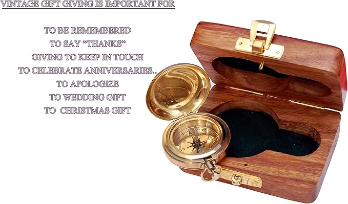 Brass Nautical Compass with Wooden Case - Antique Brass & Copper Sun Clock for Camping, Hiking, Touring - Engraved Gift for Him - Nautical Clock - Compass Gift