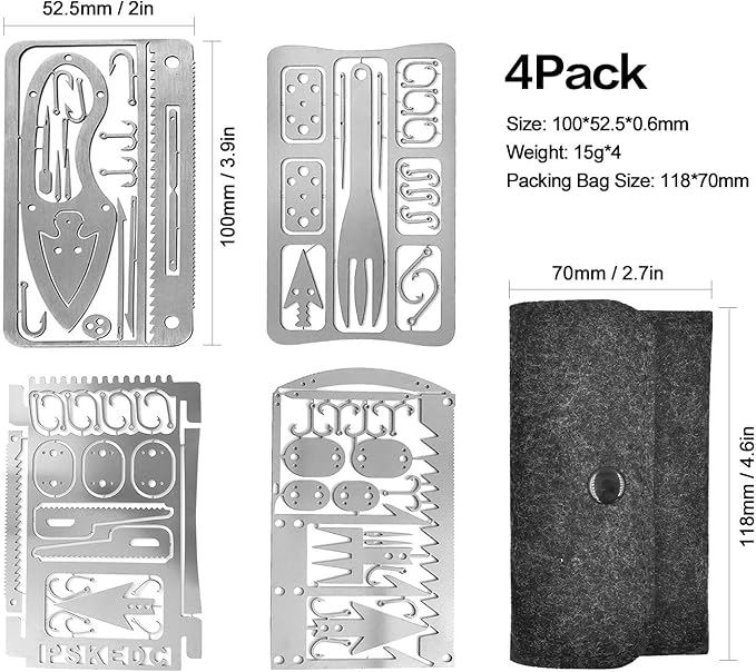 Survival Gear Credit Card Multi Tool - Camping Multipurpose EDC Multitool - Fishing Hooks, Gift Idea (Silver 4PC)
