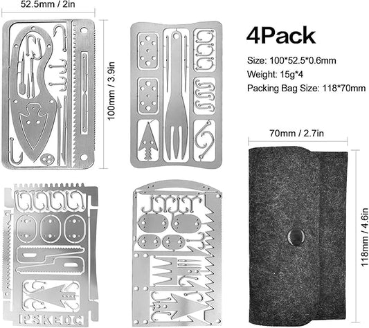 Survival Gear Credit Card Multi Tool - Camping Multipurpose EDC Multitool - Fishing Hooks, Gift Idea (Silver 4PC)
