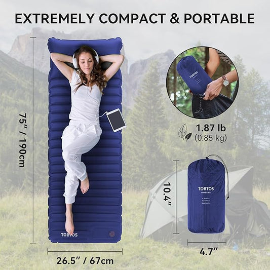 TOBTOS Inflatable Sleeping Pad for Camping with Pillow, 4" Thick Camping Mat with Built-in Foot Pump, Compact Air Mattress for Camping, Hiking, Backpacking (Blue)