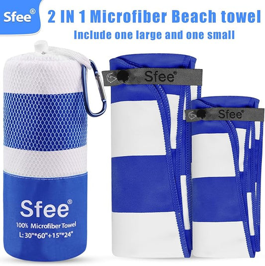 Sfee 2 in 1 Microfiber Beach Towel, Quick Dry Towel Camping Towel Travel Towel Super Absorbent Compact Lightweight Sports Towel Gym Towel Set for Beach, Gym, Hiking, Pool, Backpacking, Bath, Yoga