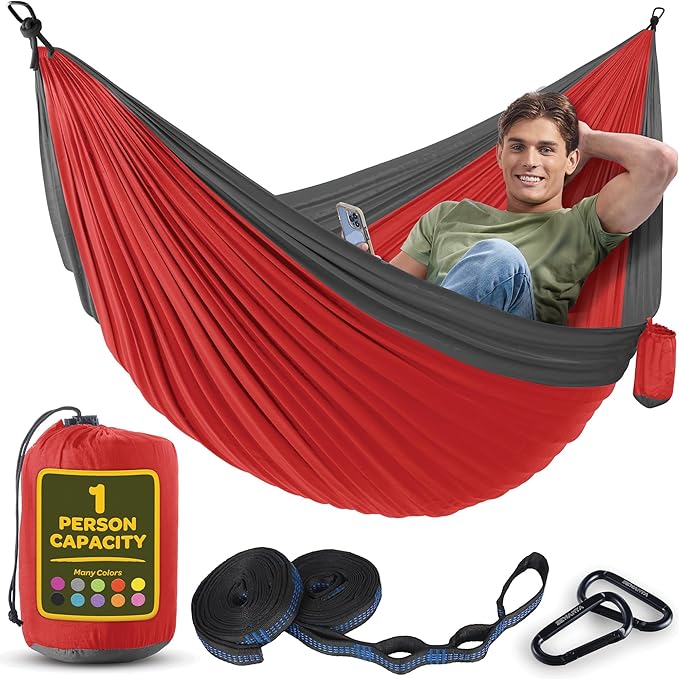 Durable Hammock 400 lb Capacity, Nylon Camping Hammock Chair - Double or Single Sizes w/Tree Straps and Attached Carry Bag - Portable for Travel/Backpacking/Beach/Backyard (Medium, Red & Dark Grey)