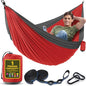 Durable Hammock 400 lb Capacity, Nylon Camping Hammock Chair - Double or Single Sizes w/Tree Straps and Attached Carry Bag - Portable for Travel/Backpacking/Beach/Backyard (Medium, Red & Dark Grey)