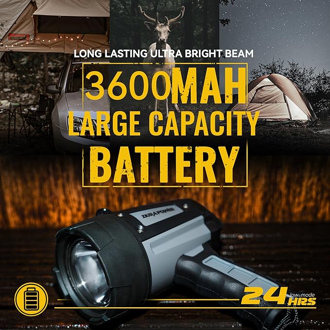Durapower Rechargeable Spotlight, 1000LM IP68 Waterproof Super Bright Handheld Spotlight, 434m Range LED Portable Spot Flashlight for Marine Boat Hunting Camping (1000LM) (Grey)