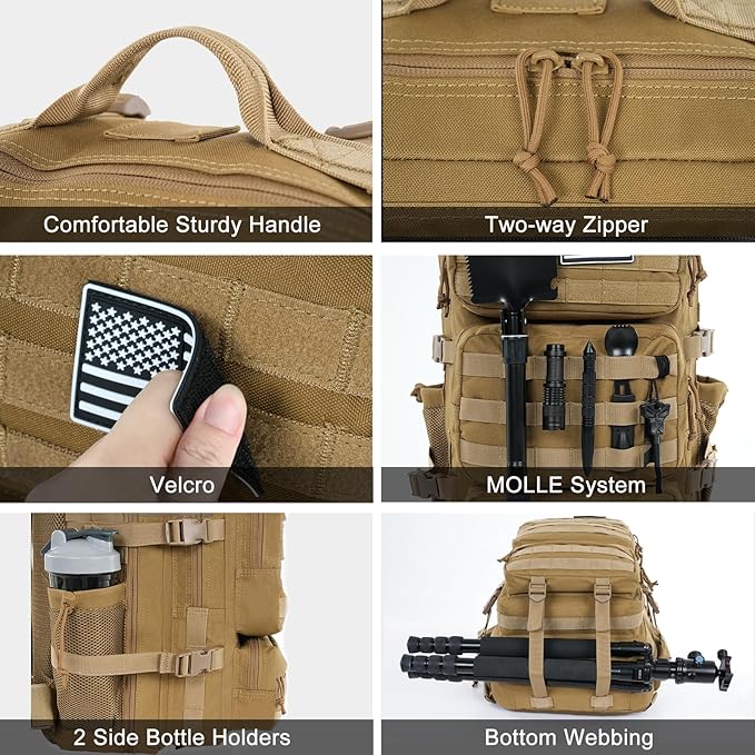 Military Tactical Backpack 50L Large Day Backpack for Men Molle Army 3 Days Assault Pack Bug Out Bag Water Resistant and Heavy Duty Hiking Treeking Rucksack - Brown