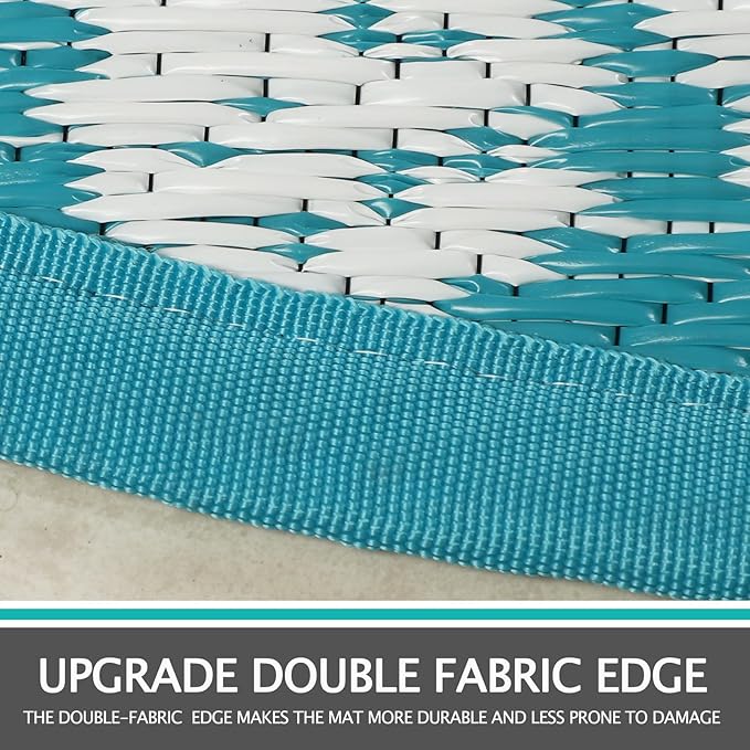 Capslpad 10Ft Round Outdoor Rug for Patio Clearance Boho Reversible Mat Waterproof Outdoor Plastic Straw RV Camping Rug Outside Circle Area Rug for Porch Deck Terrace Picnic Beach Apartment, Teal