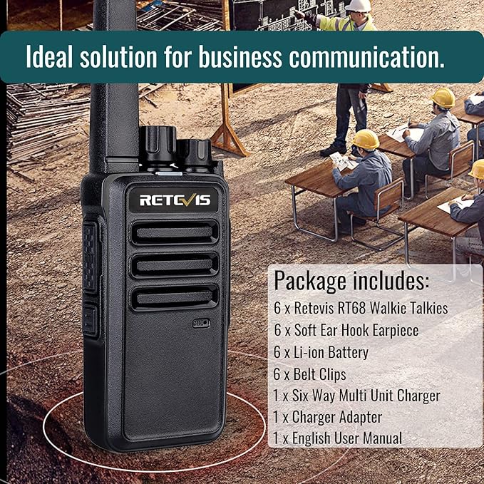 Retevis RT68 Walkie Talkies with Earpiece, Portable FRS Two-Way Radios Rechargeable, with 6 Way Multi Unit Charger, Hands Free, Long Range, Rugged 2 Way Radios 6 Pack for Adults School Church