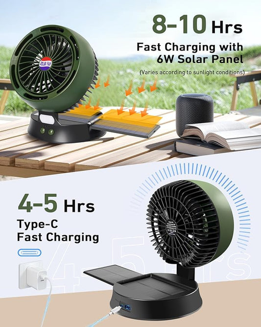10400mAh Solar Camping Fan with LED Lantern, Rechargeable Portable Fan with 5W Solar Panel, Battery Operated Personal Fan for Outside Picnic, Fishing, Outdoor Tent Fan for Camping Essentials