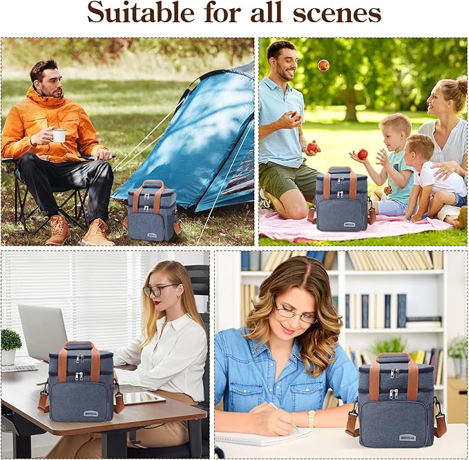 Double Insulated Lunch Bag for Women/Men, Thermal Lunchbox Leakproof Waterproof Cooler Bag with Adjustable Shoulder Strap for Adults, Lunch Bag for Work Office Camping Travel (12L, Navy Blue)