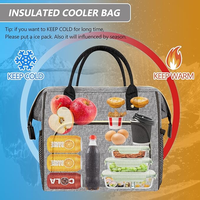 IDEATECH Lunch Bags for Women Insulated, Lunch Cooler Bag for Work, Leak Proof Large Lunch Tote Bag, Lunch Bag with Adjustable Shoulder Strap for Office/Picnic/Fishing/Beach(Grey)