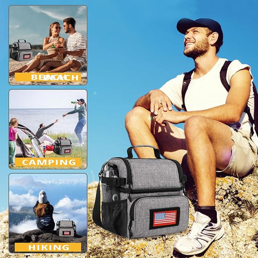 ATRIPACK 2 Compartment Lunch Bag for Men Adult, Tactical Lunch Box Leakproof Insulated Large Cooler Bag for Work with Adjustable Shoulder Strap Flag Double Layer Lunch Pail（Grey）