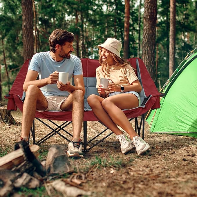 Oversized Camping Chair, Double Folding Loveseat Camping Couch with Pocket, Cup Holder and Carry Bag, Heavy Duty Portable Camping Chairs for Adults, Fishing, Sports, Trip, up to 660lbs, Red