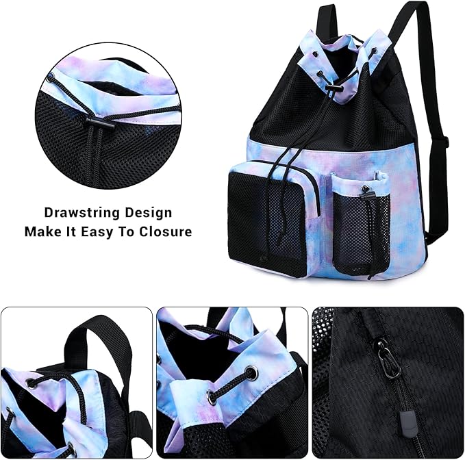 Lohol Large Mesh Drawstring Backpack with Shoe Bag, Durable Swimming String Sack with Handle for Sports Gym Yoga Beach Travel