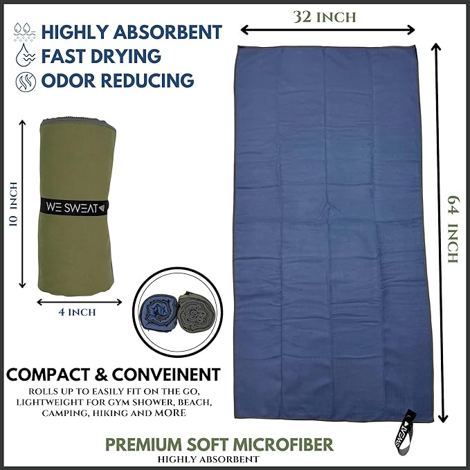 Microfiber Soft and Absorbent Gym Towels, Silver ION Odor-Free Absorbent Fiber, Fast Drying Men & Women Workout Gear for Body Sweat, Working Out, Towels, Sports Exercise Fitness Gear