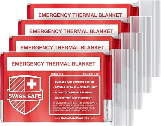 Swiss Safe Emergency Mylar Thermal Blankets + Bonus Space Blanket - Compact & Insulated for Cold Weather - Designed for NASA, Outdoor Camping, Survival, First Aid Car Kit - Red, 4 Pack