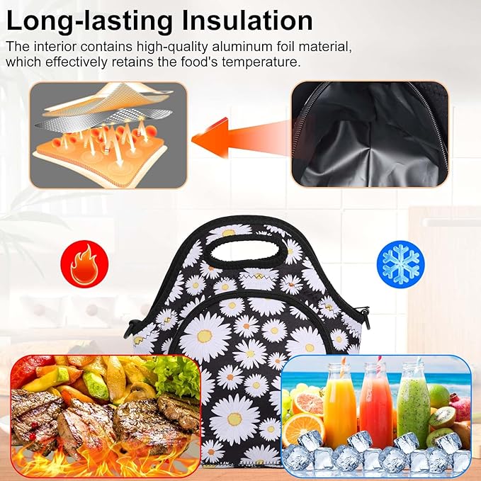 Neoprene Lunch Bag, Thermal Insulated Lunch Tote Bag with Detachable Shoulder Straps, Lightweight & Reusable Lunch Bag for Women Men