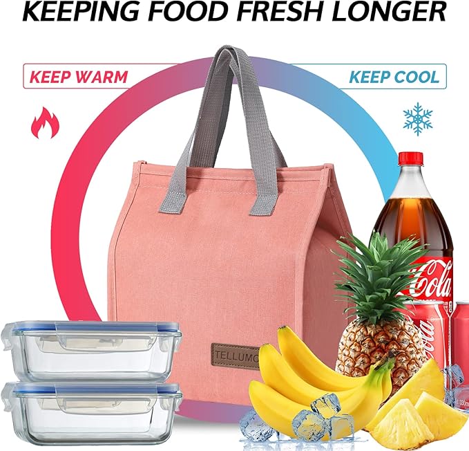 TELLUMO Lunch bag, Insulated Lunch Bag for Women Men Large Lunch Box Container Reusable Leakproof Tote for Office, Work, School, Beach or Travel (Pink)