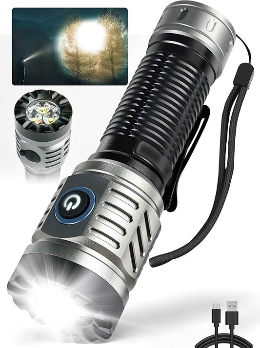 Rechargeable Flashlight - 1500 High Lumens, Powerful LED Flashlight with 4 Lighting Modes, Strobe, Handheld Tactical Flashlight with Clip for Emergencies, Camping, Hiking